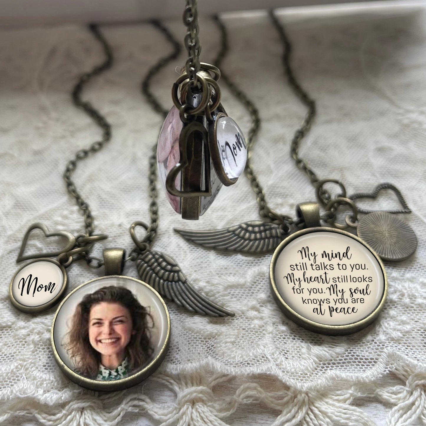 Custom Photo Necklace with Heart and Angel Wing Charms