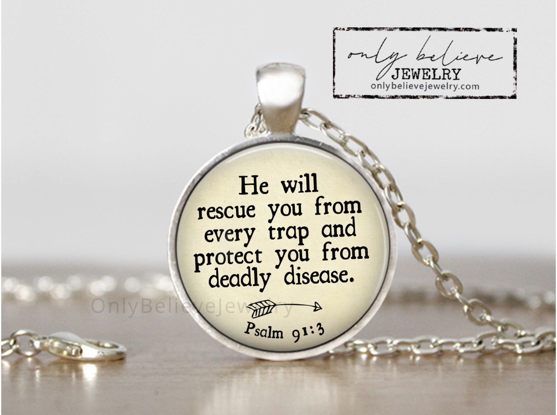He Will Rescue You Necklace, Bible Verse Necklace, Psalm 91:3, Protect you from deadly disease, Inspirational Jewelry, Personalized Gift
