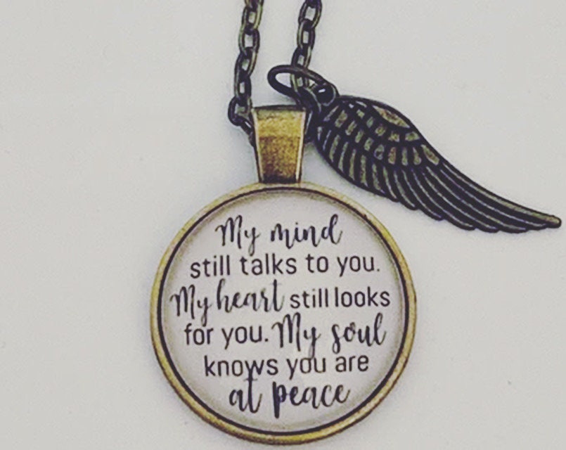 Memorial Necklace: Angel Wing Charm, Sympathy Gift, Personalized Option, My Mind Still Talks Poem