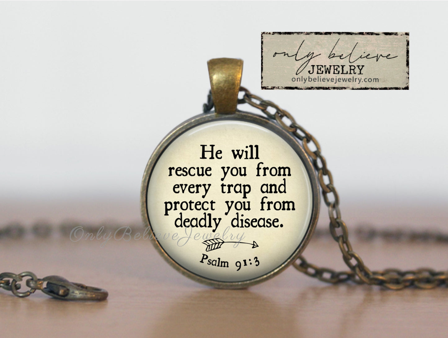 He Will Rescue You Necklace, Bible Verse Necklace, Psalm 91:3, Protect you from deadly disease, Inspirational Jewelry, Personalized Gift