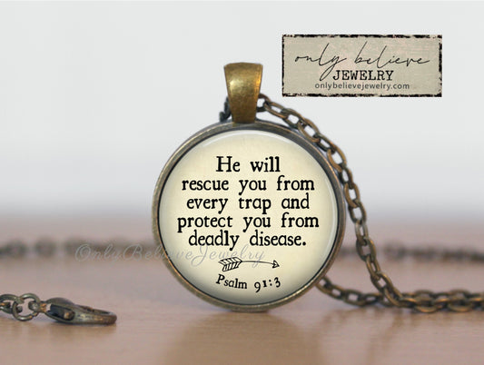 He Will Rescue You Necklace, Bible Verse Necklace, Psalm 91:3, Protect you from deadly disease, Inspirational Jewelry, Personalized Gift