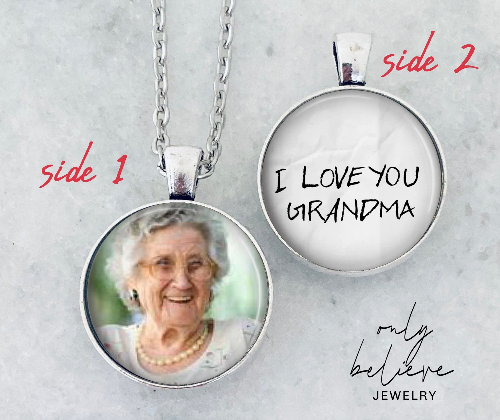 Personalized Grief Gift with Handwriting and Photo Necklace: Two-sided Pendant for Your Photo, Own Words or Image of Someone's Handwriting