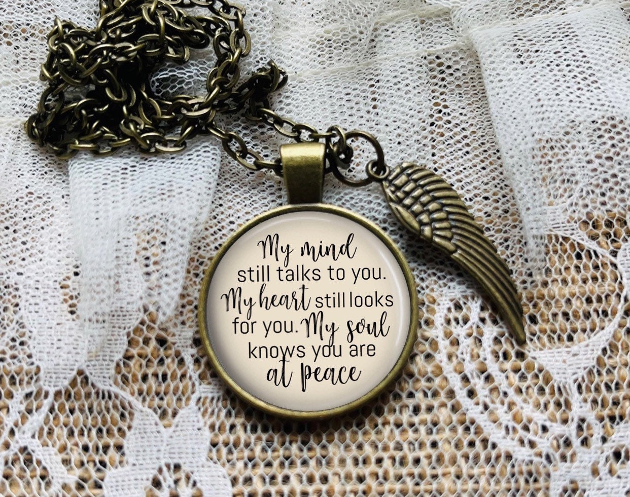 Memorial Necklace: Angel Wing Charm, Sympathy Gift, Personalized Option, My Mind Still Talks Poem