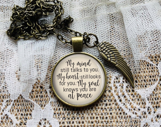 Memorial Necklace: Angel Wing Charm, Sympathy Gift, Personalized Option, My Mind Still Talks Poem