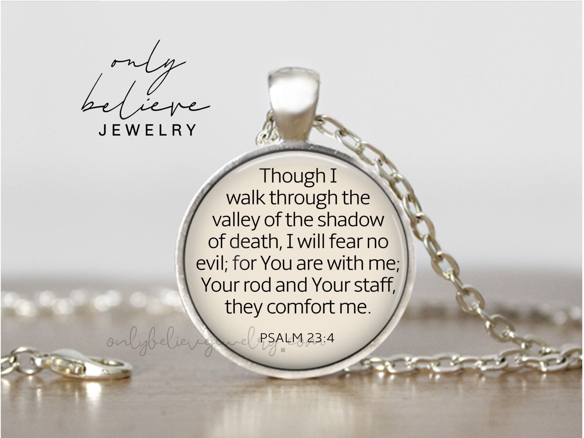 I Will Fear No Evil Necklace: Pendant on Chain with Bible Verse Psalm 23 4, Optional Free Personalization