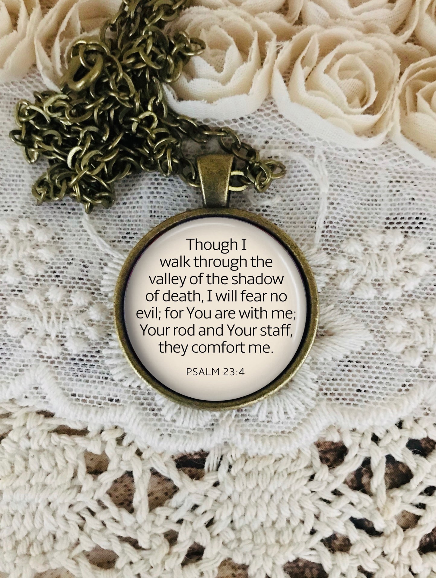 I Will Fear No Evil Necklace: Pendant on Chain with Bible Verse Psalm 23 4, Optional Free Personalization