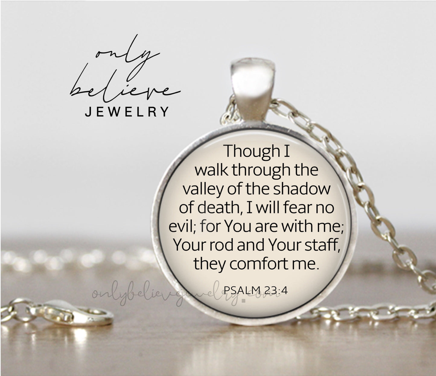 I Will Fear No Evil Necklace: Pendant on Chain with Bible Verse Psalm 23 4, Optional Free Personalization