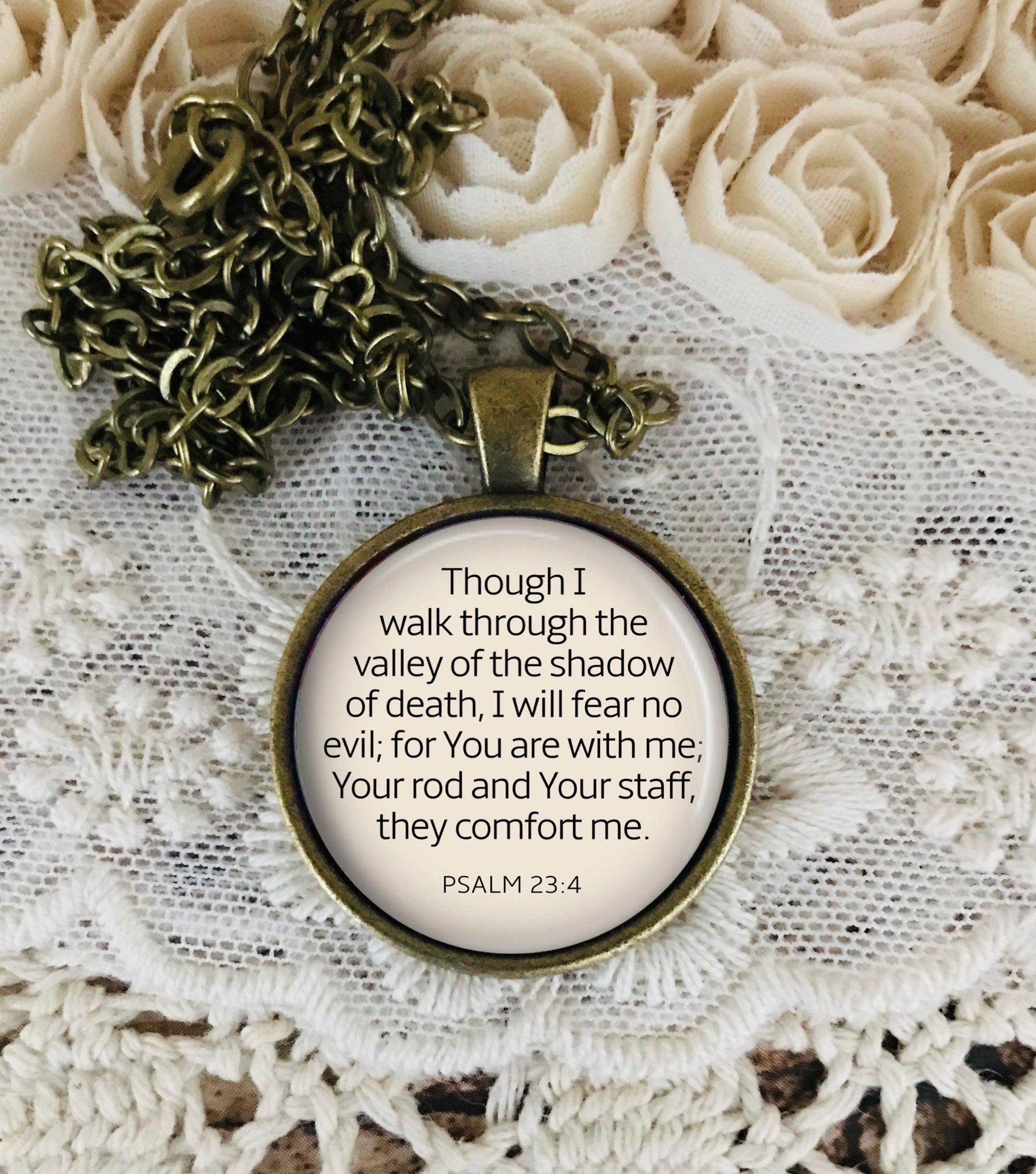 I Will Fear No Evil Necklace: Pendant on Chain with Bible Verse Psalm 23 4, Optional Free Personalization
