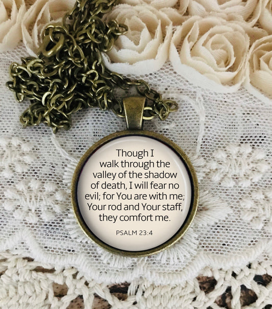 I Will Fear No Evil Necklace: Pendant on Chain with Bible Verse Psalm 23 4, Optional Free Personalization