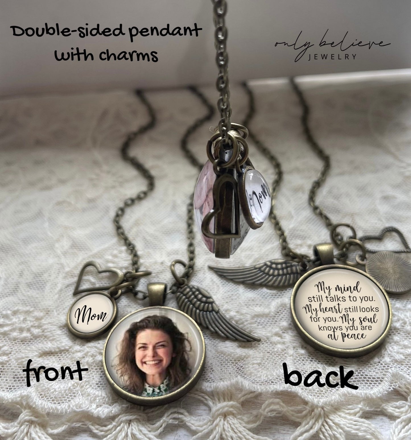 Custom Photo Necklace with Heart and Angel Wing Charms