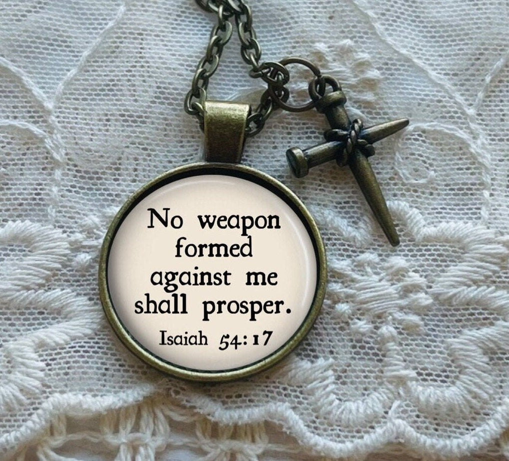 No Weapon Formed Against Me Necklace with Cross Charm: Bible Verse Pendant with Isaiah 54 17, Optional Free Personalization