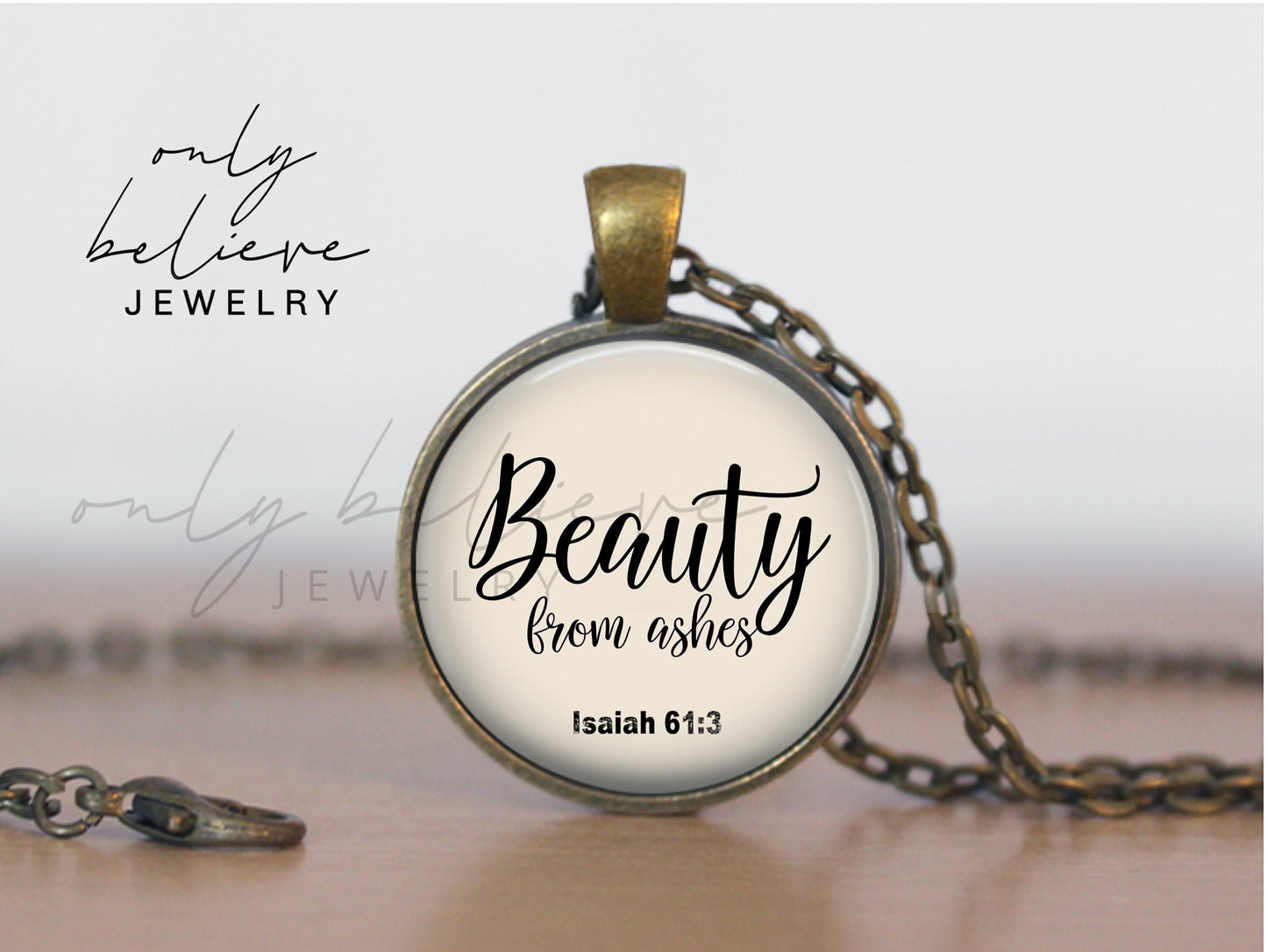Beauty From Ashes Necklace: Bible Verse Inspired Pendant from Isaiah 61 3, Silver or Bronze, Optional Free Personalization