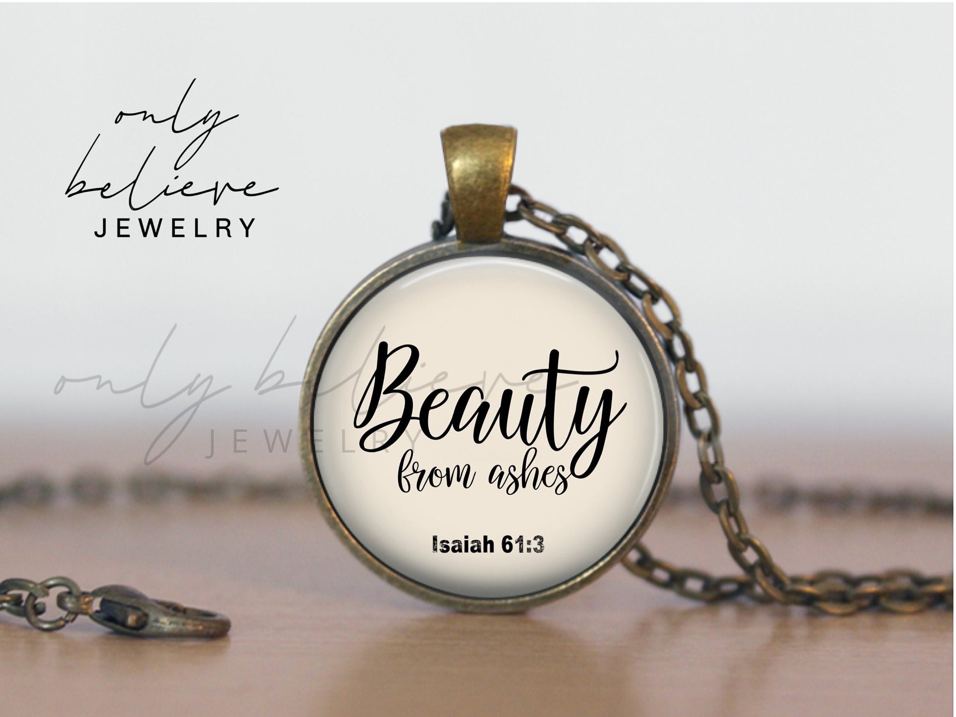 Beauty From Ashes Necklace: Bible Verse Inspired Pendant from Isaiah 61 3, Silver or Bronze, Optional Free Personalization