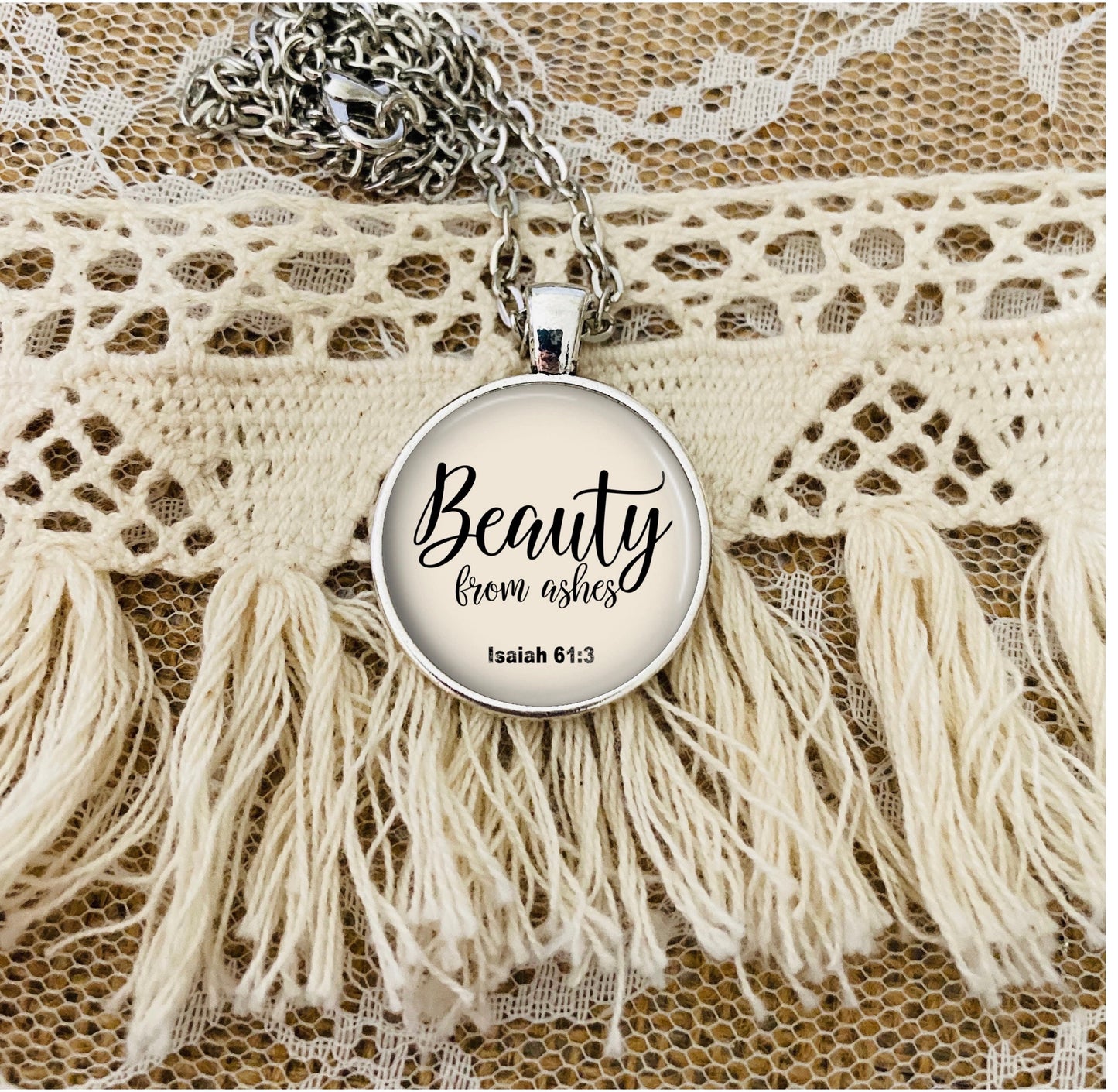 Beauty From Ashes Necklace: Bible Verse Inspired Pendant from Isaiah 61 3, Silver or Bronze, Optional Free Personalization