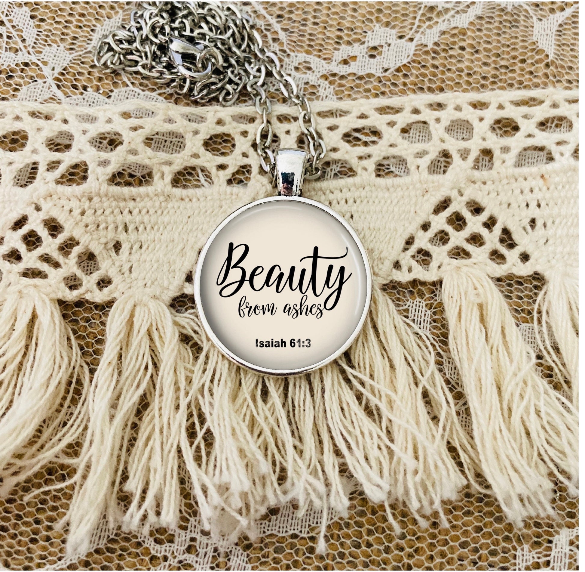 Beauty From Ashes Necklace: Bible Verse Inspired Pendant from Isaiah 61 3, Silver or Bronze, Optional Free Personalization