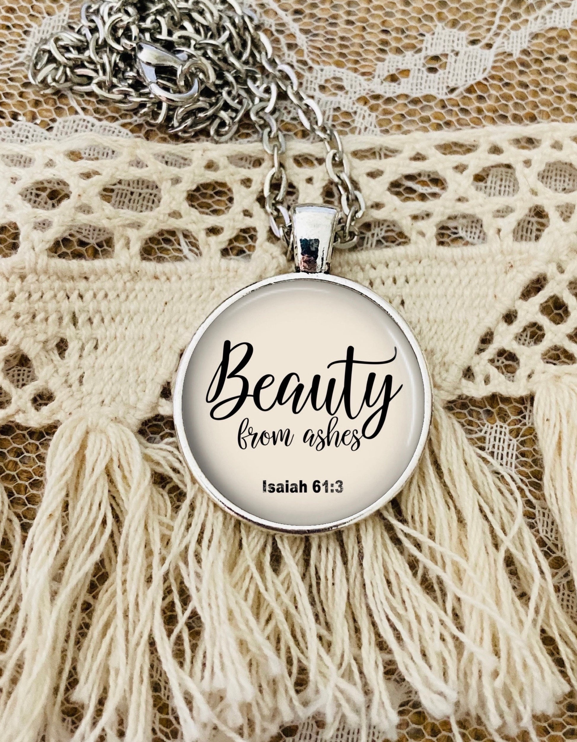 Beauty From Ashes Necklace: Bible Verse Inspired Pendant from Isaiah 61 3, Silver or Bronze, Optional Free Personalization