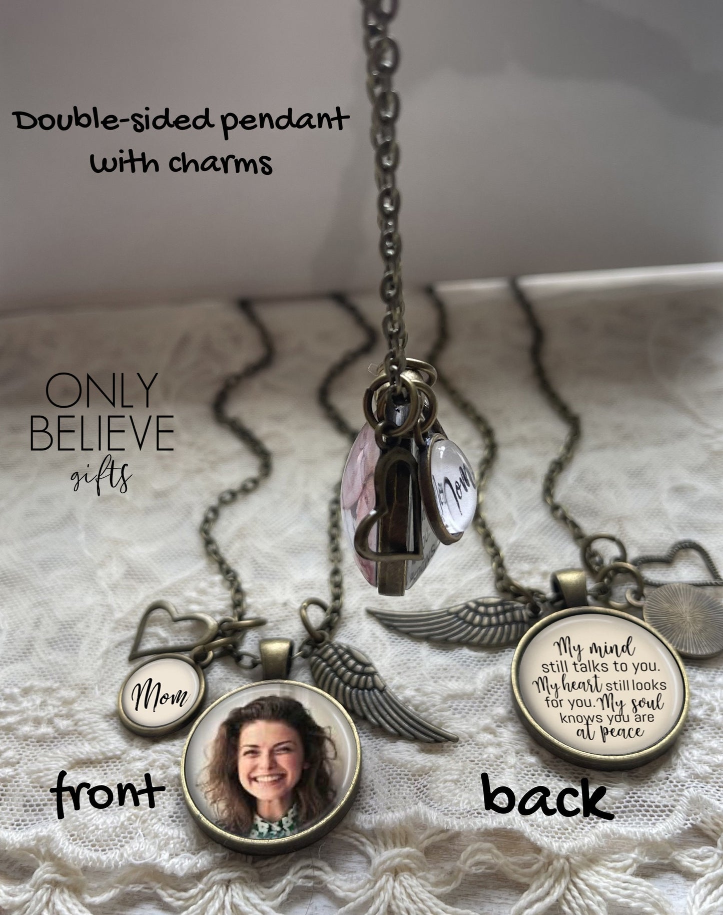 Personalized Memorial Photo Necklace with Name: Loss of Loved One Gift, Angel Wing, Heart Charm