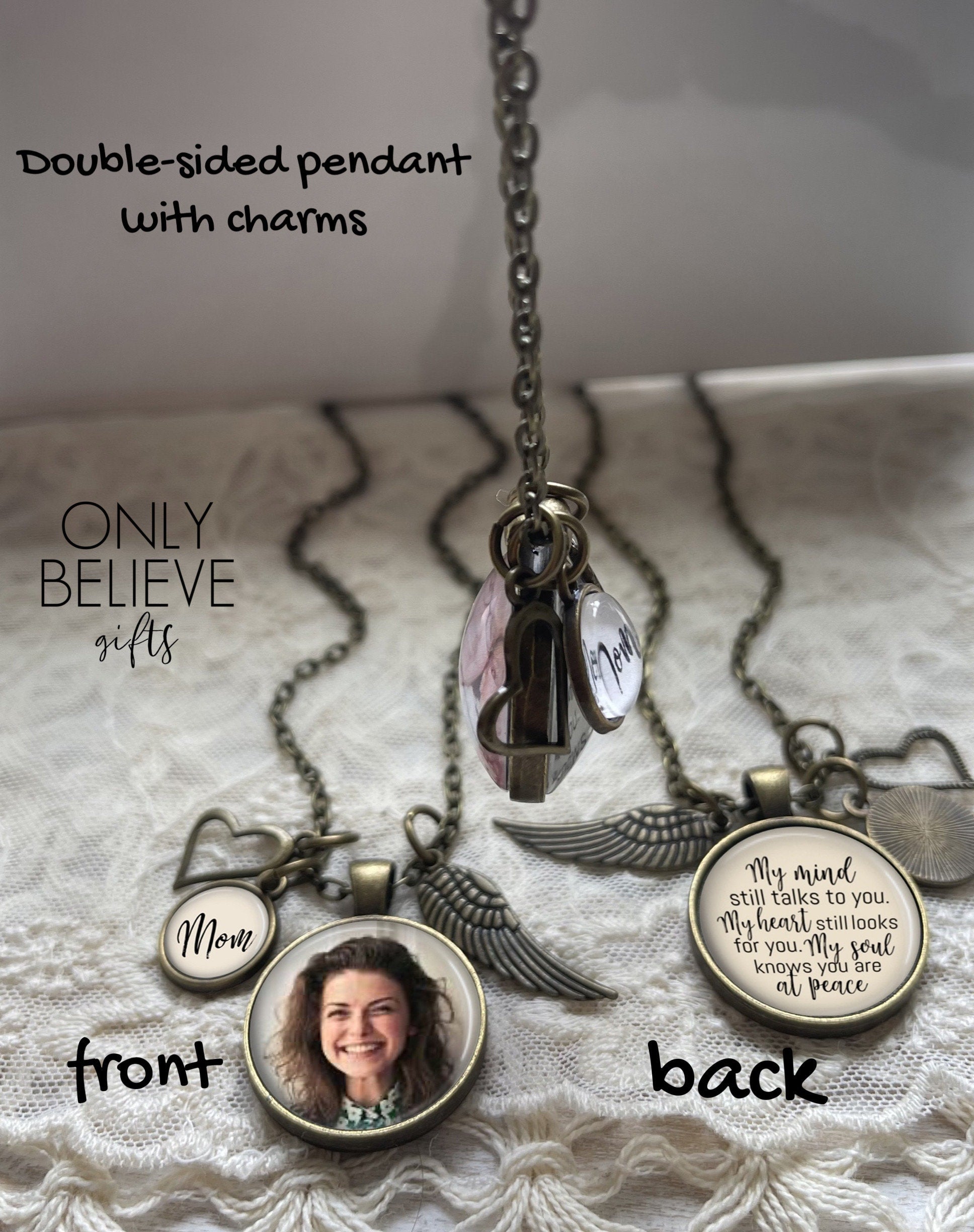 Personalized Memorial Photo Necklace with Name: Loss of Loved One Gift, Angel Wing, Heart Charm