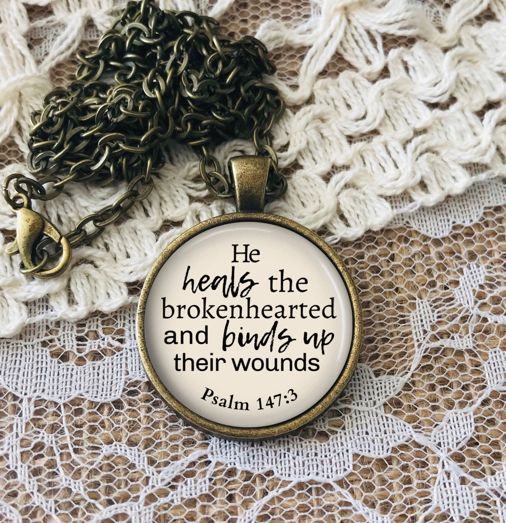 He Heals the Brokenhearted Necklace, Binds Up Their Wounds, Psalm 147:3, Bible Verse Necklace, Personalized Gift, Memorial, Inspirational