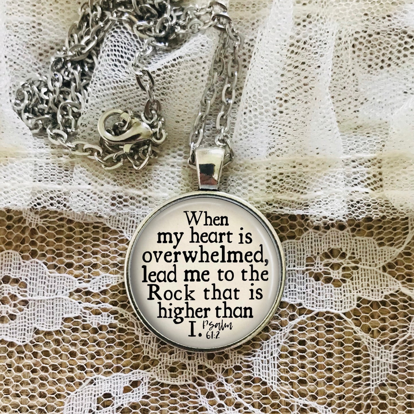 Lead me to the Rock Necklace: Bible Verse Pendant Psalm 61 2, When My Heart is Overwhelmed, Optional Free Personalization, Also Keychain