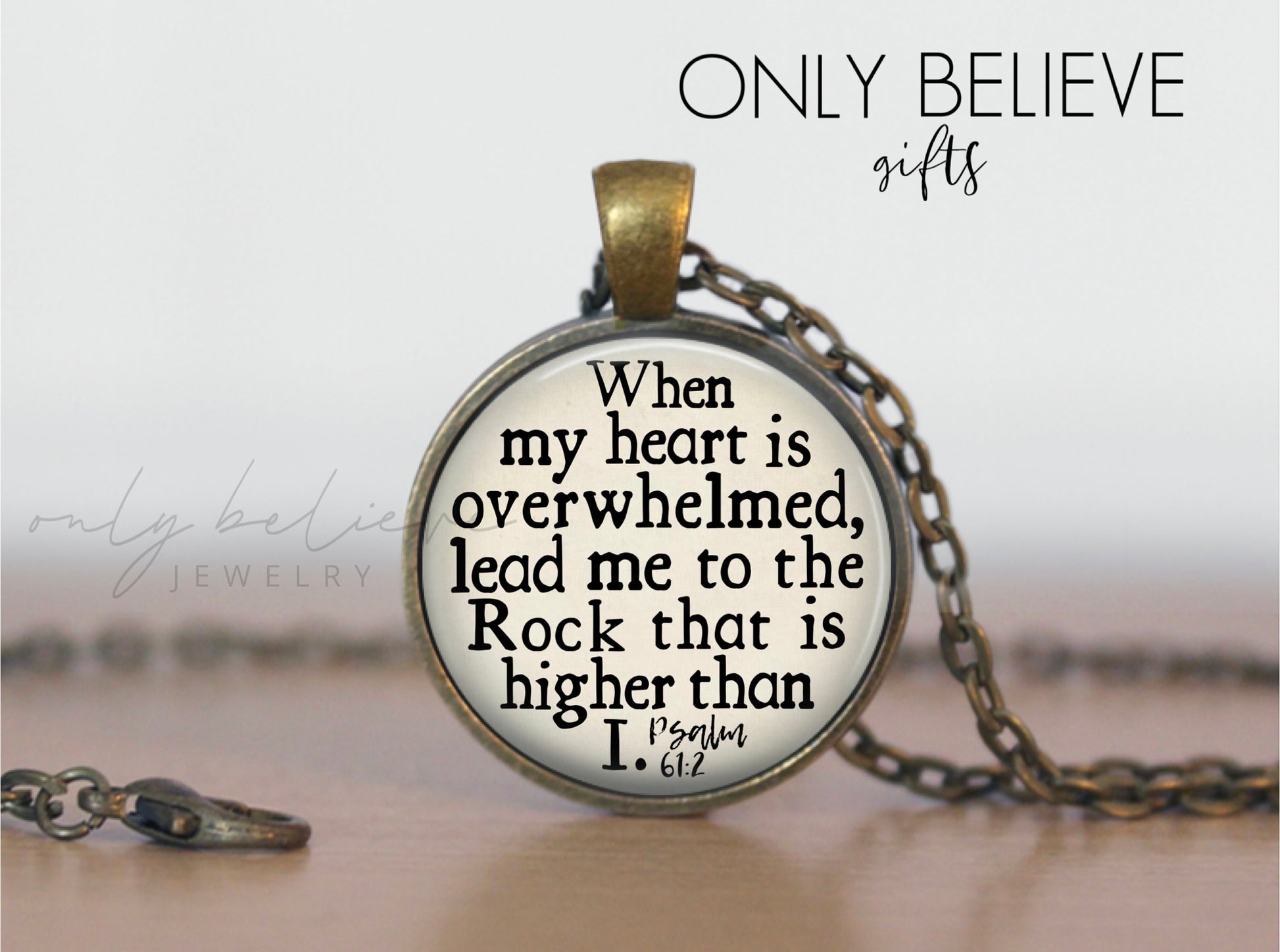 Lead me to the Rock Necklace: Bible Verse Pendant Psalm 61 2, When My Heart is Overwhelmed, Optional Free Personalization, Also Keychain