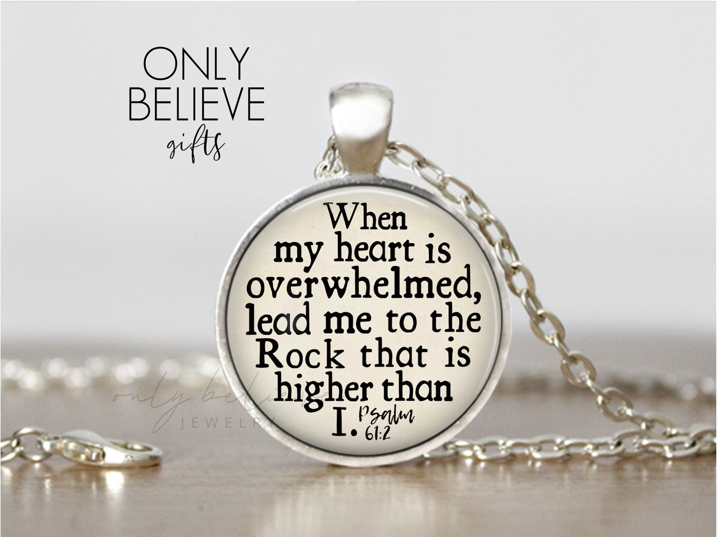 Lead me to the Rock Necklace: Bible Verse Pendant Psalm 61 2, When My Heart is Overwhelmed, Optional Free Personalization, Also Keychain