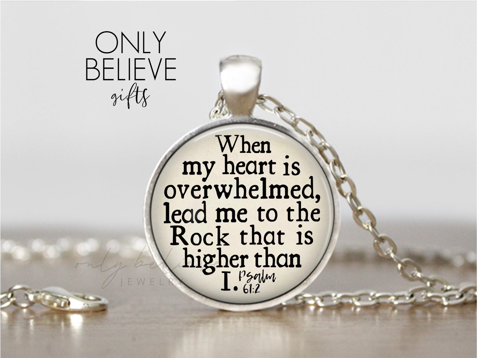 Lead me to the Rock Necklace: Bible Verse Pendant Psalm 61 2, When My Heart is Overwhelmed, Optional Free Personalization, Also Keychain