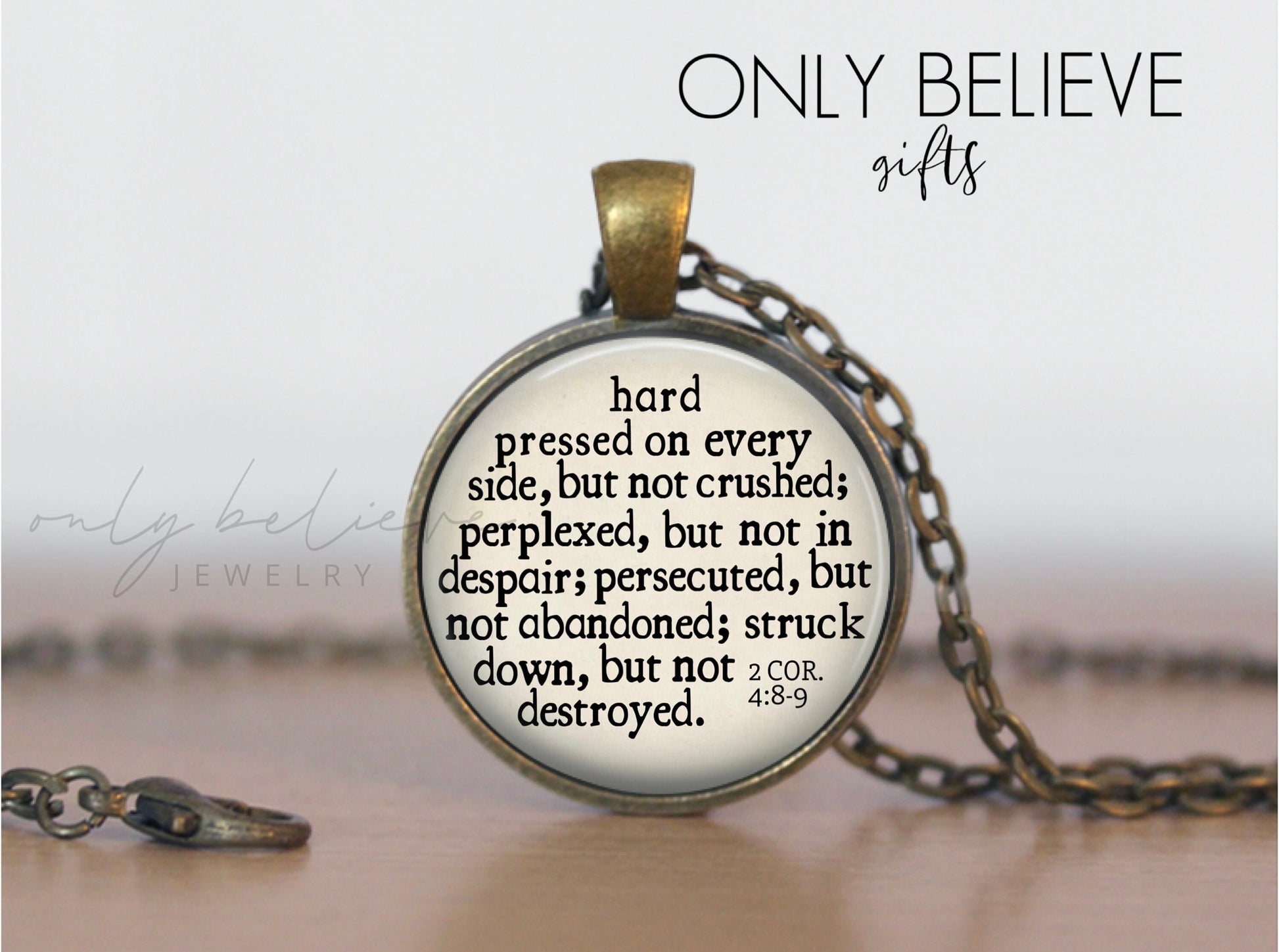 Struck Down but Not Destroyed Necklace: Bible Verse Pendant with 2 Corinthians 4 8-9, Hard Pressed Scripture, Optional Free Personalization