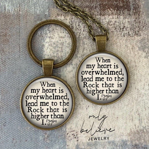 Lead me to the Rock Necklace: Bible Verse Pendant Psalm 61 2, When My Heart is Overwhelmed, Optional Free Personalization, Also Keychain