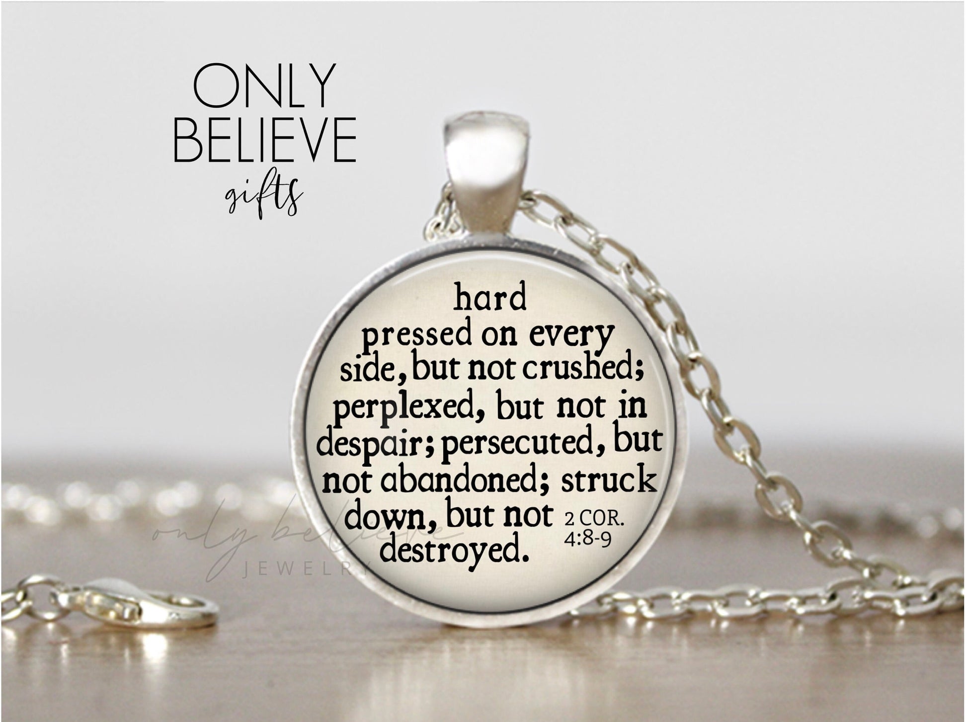 Struck Down but Not Destroyed Necklace: Bible Verse Pendant with 2 Corinthians 4 8-9, Hard Pressed Scripture, Optional Free Personalization
