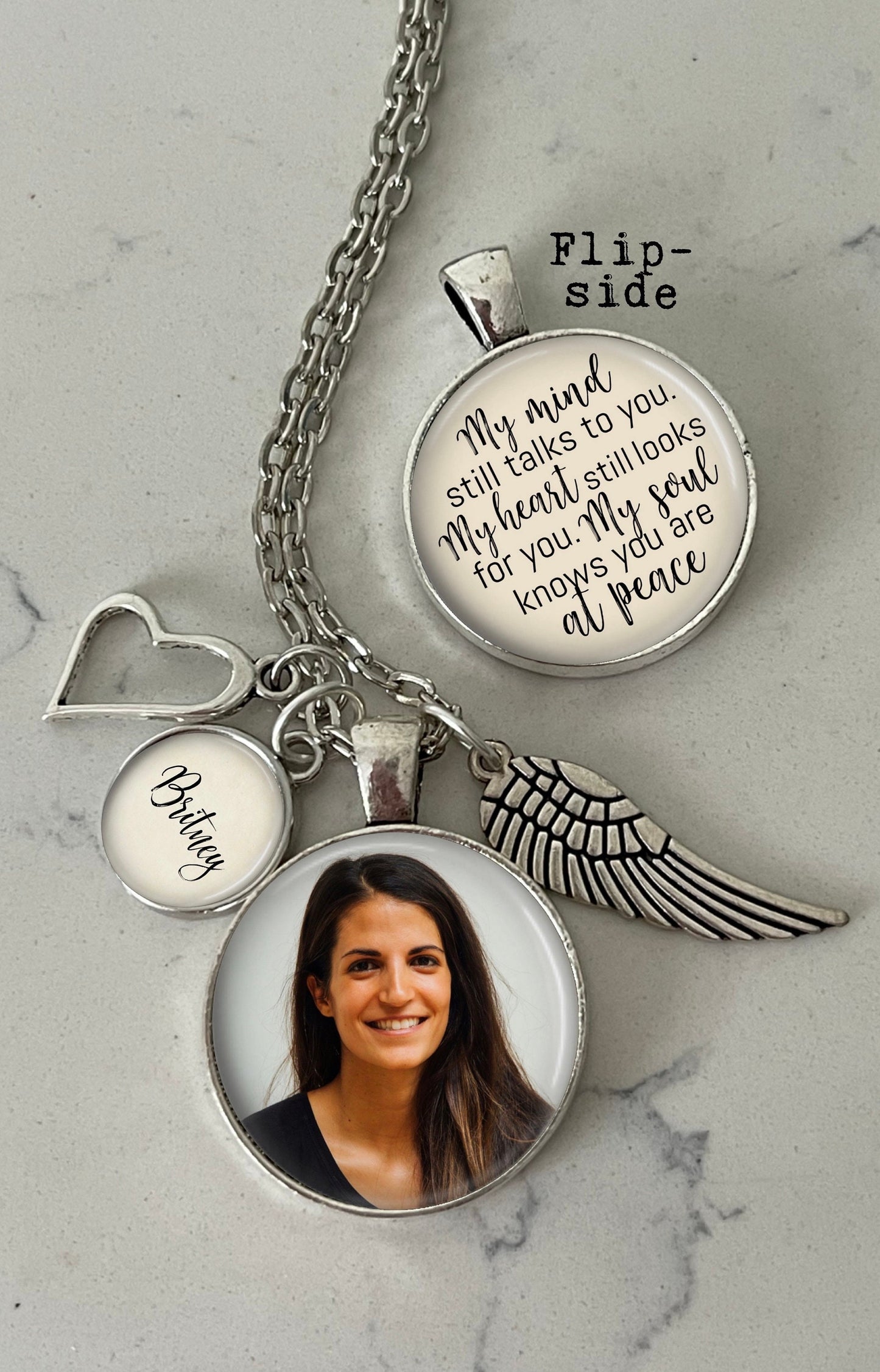 Personalized Memorial Photo Necklace with Name: Loss of Loved One Gift, Angel Wing, Heart Charm