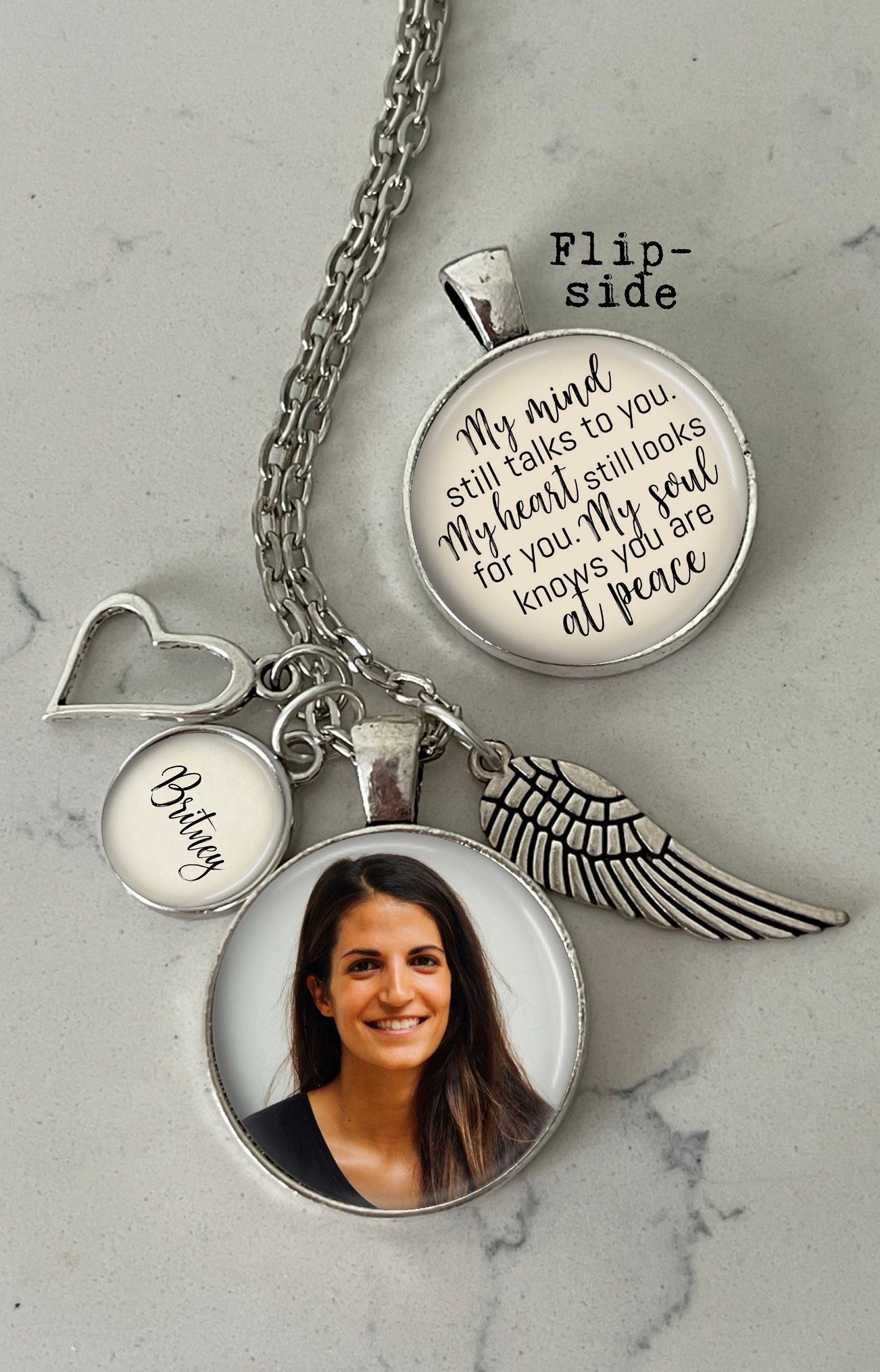 Personalized Memorial Photo Necklace with Name: Loss of Loved One Gift, Angel Wing, Heart Charm