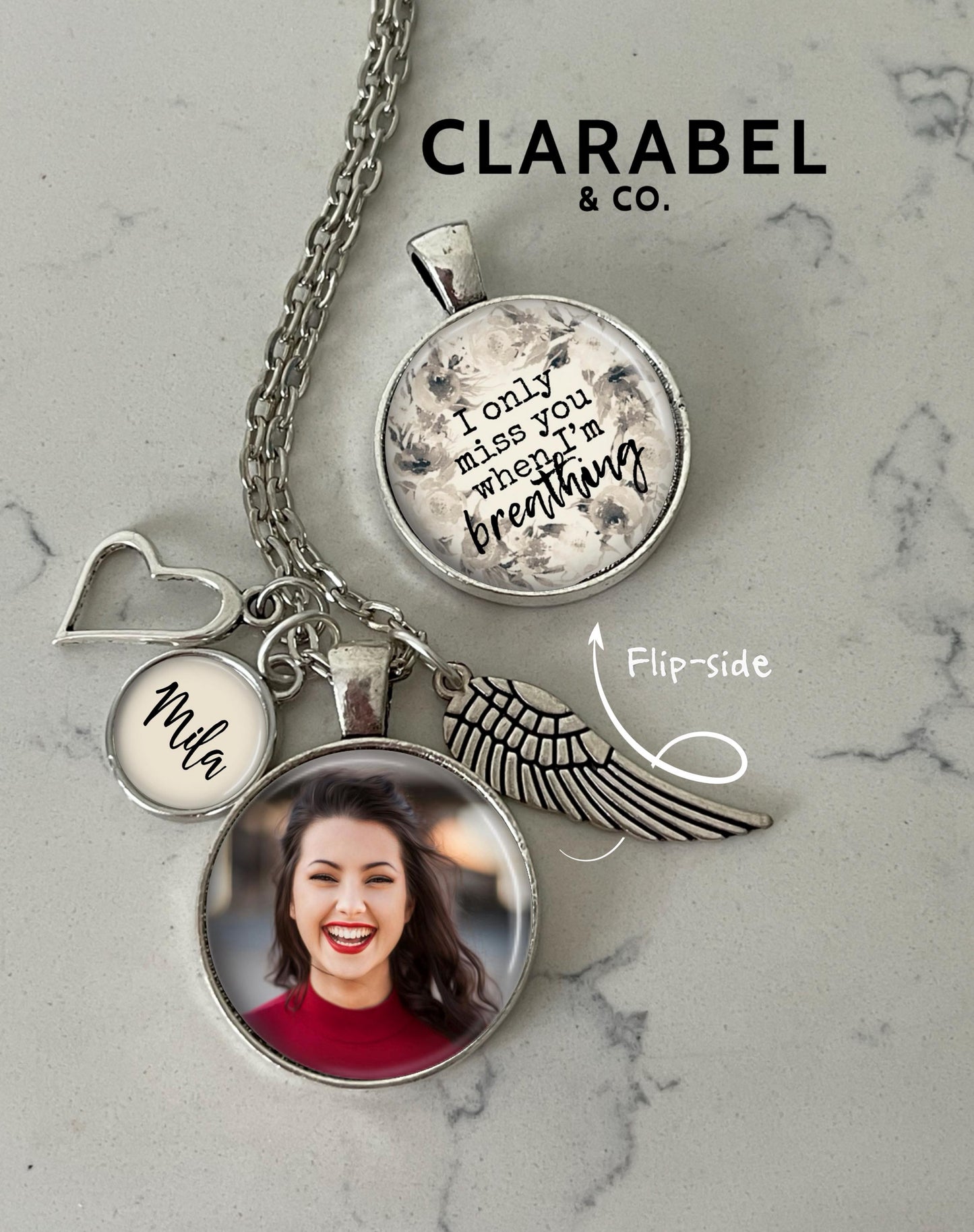 Personalized Memorial Photo Necklace: Two-Sided Pendant with Words, Grief Gift with Name, Angel Wing, Heart Charm