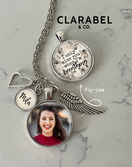 Personalized Memorial Photo Necklace: Two-Sided Pendant with Words, Grief Gift with Name, Angel Wing, Heart Charm