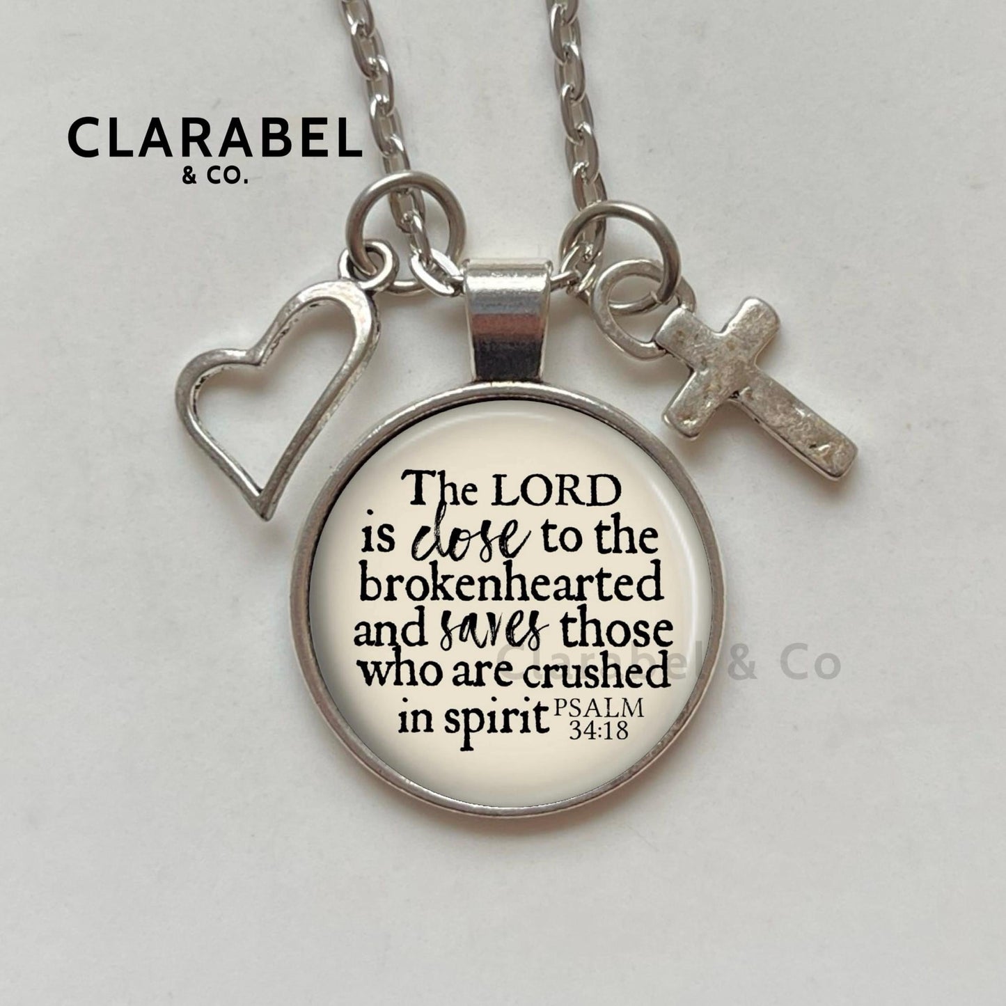 Close To the Brokenhearted Necklace with Charms, Grief Bible Verse Pendant with Psalm 34 18. Optional Free Personalization