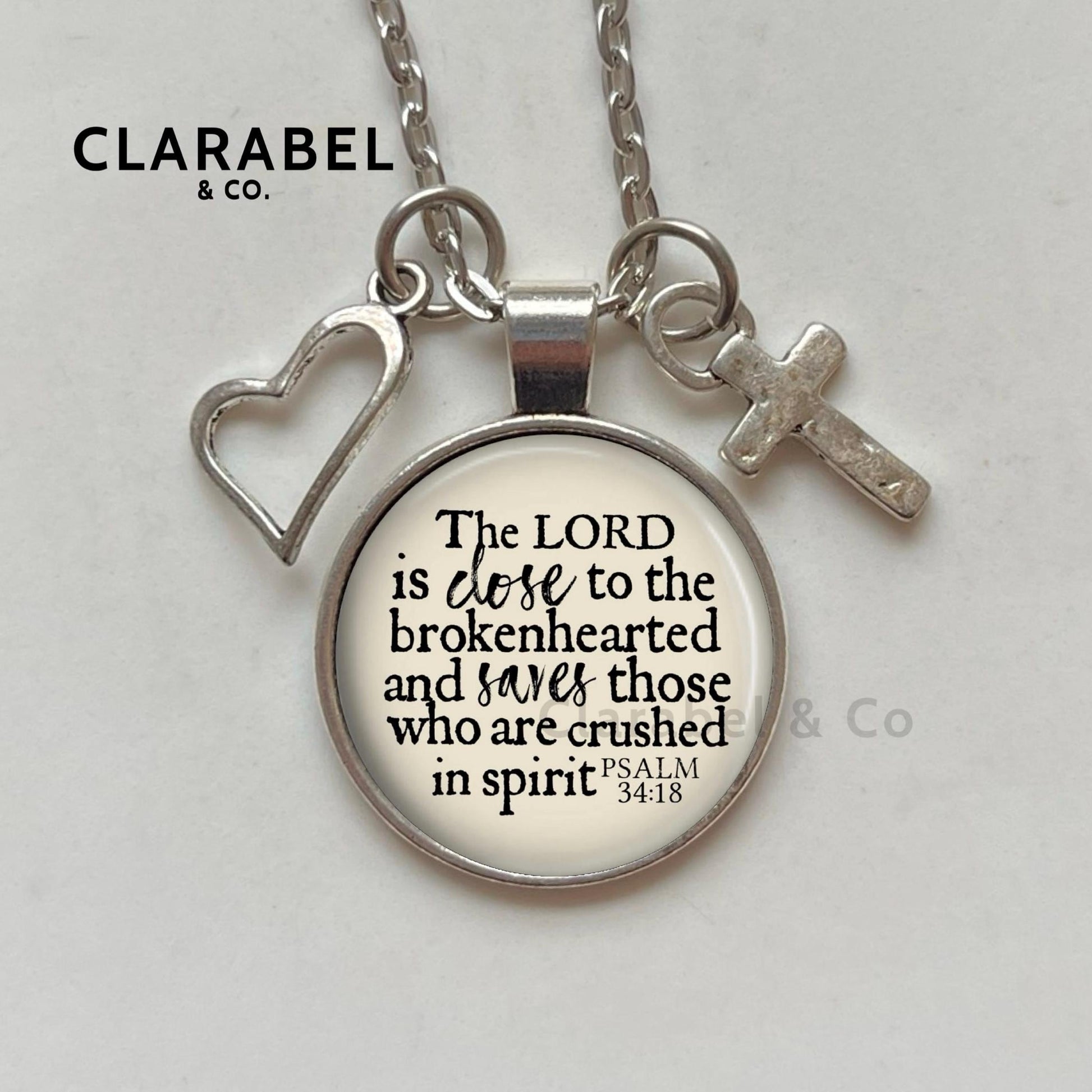 Close To the Brokenhearted Necklace with Charms, Grief Bible Verse Pendant with Psalm 34 18. Optional Free Personalization