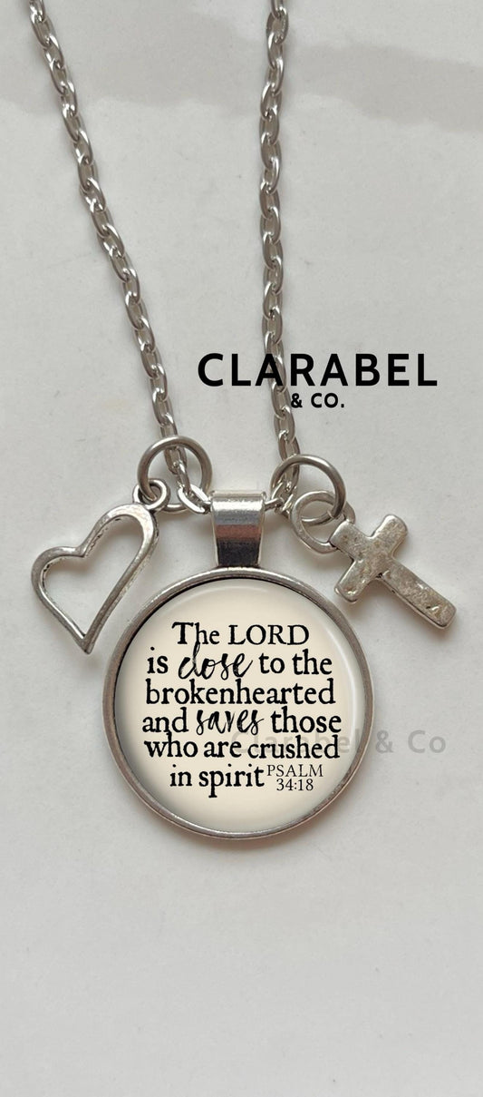 Close To the Brokenhearted Necklace with Charms, Grief Bible Verse Pendant with Psalm 34 18. Optional Free Personalization