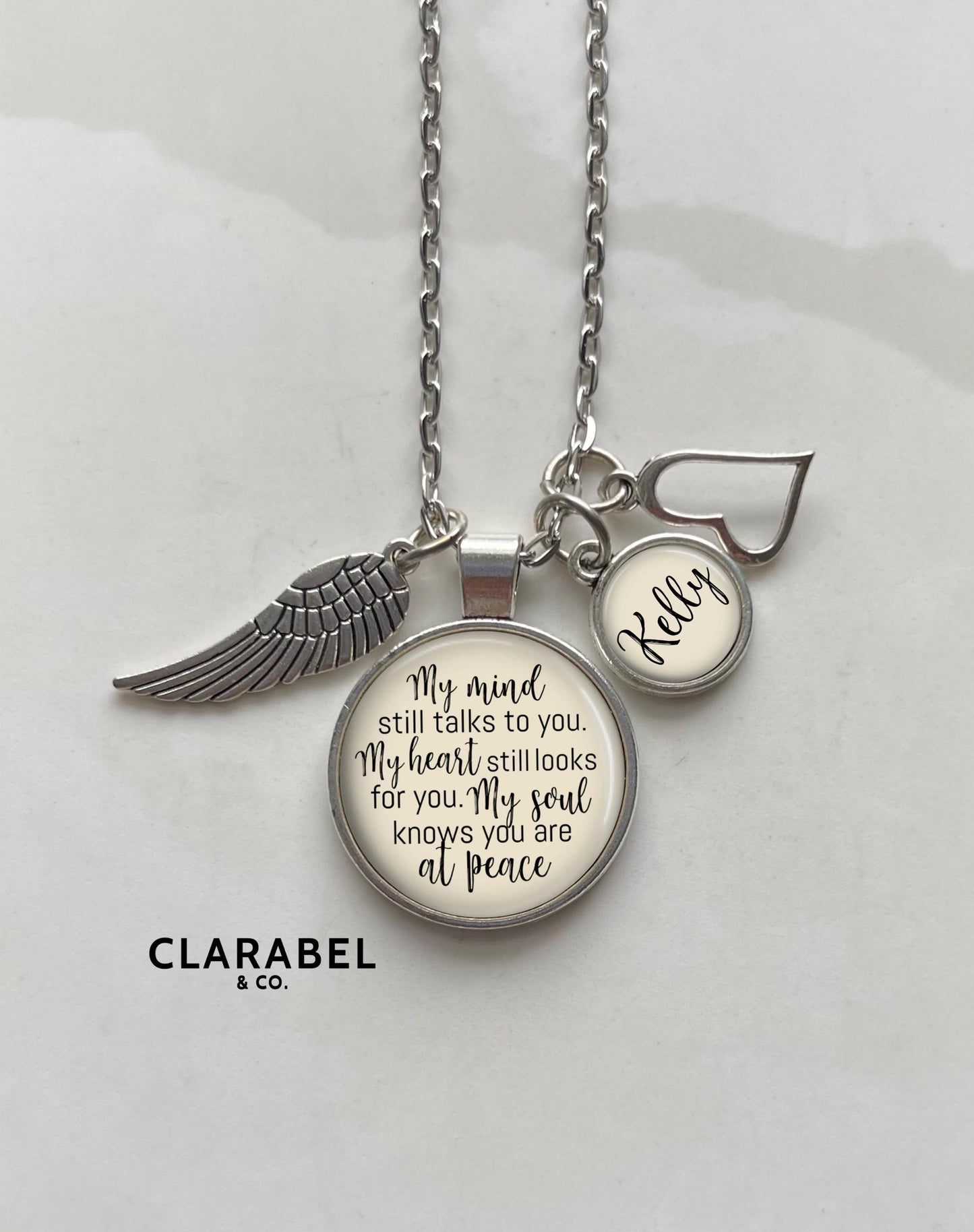 Personalized Grief Necklace with Charms and a Name Charm: Quote on Pendant, My Mind Still Talks to You, Optional Free Personalization