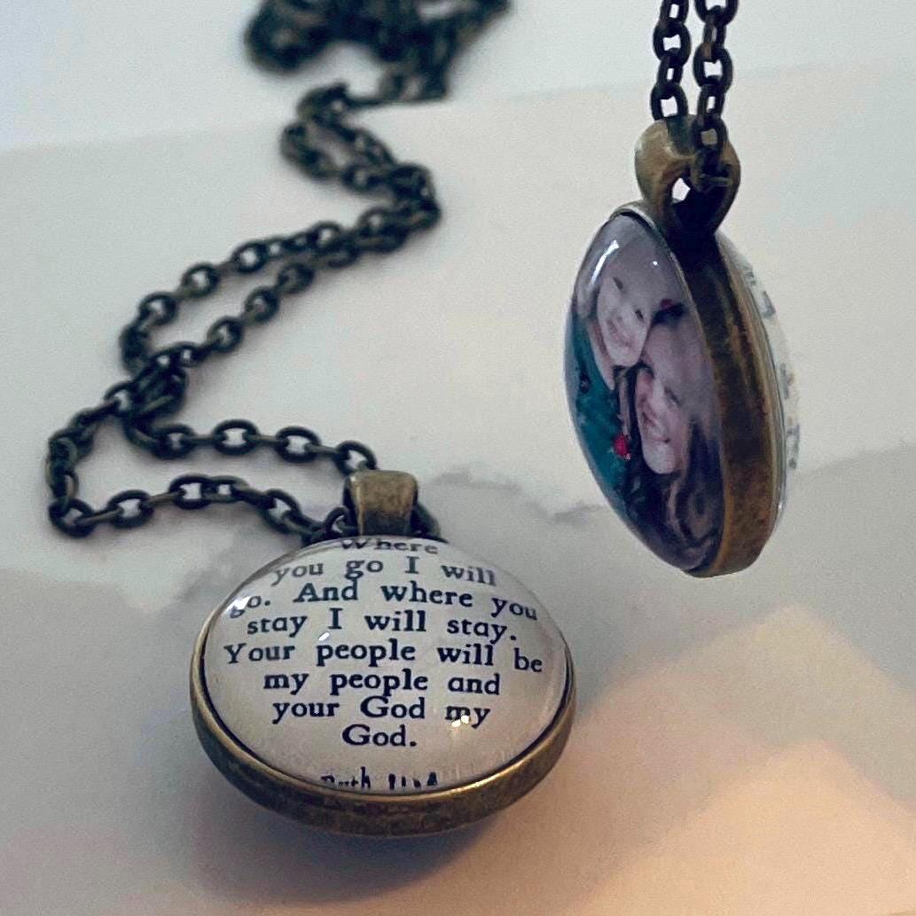 Custom personalized pendant with photos on both sides. Two-sided photo pendant